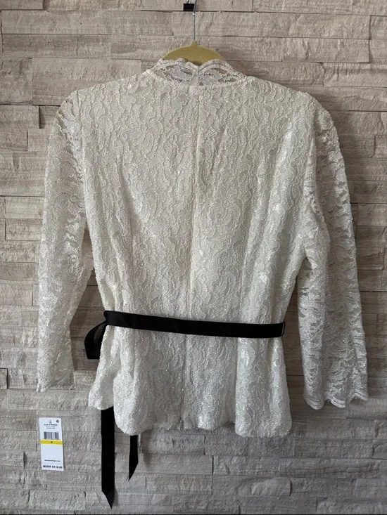 Alex Evenings Cream Lace Peplum Blouse with Black Ribbon - Picture 8 of 11